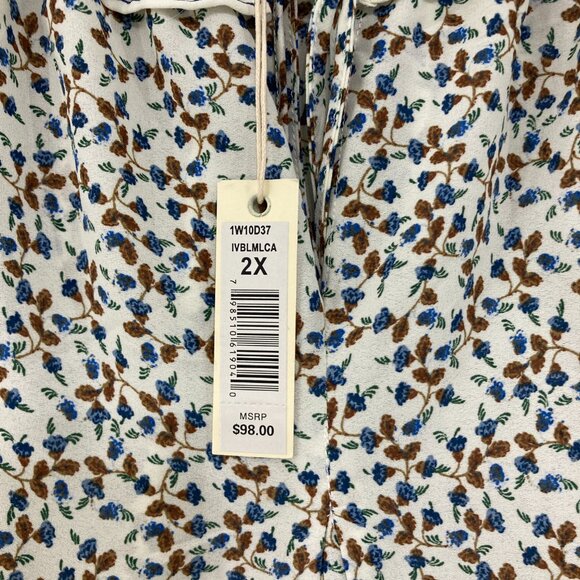 New Max Studio 2X Blue Brown Ditsy Floral Ruffle Cold Shoulder Cottagecore Top - Picture 3 of 10